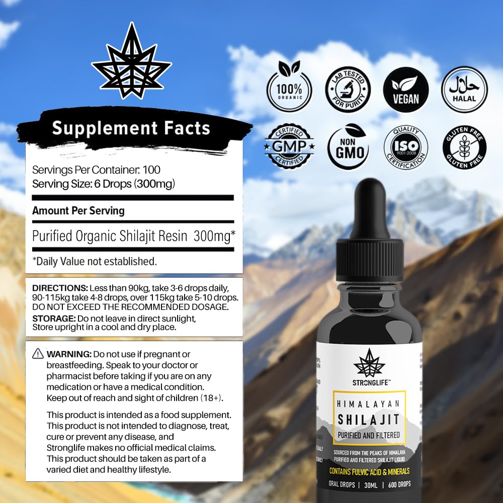 Shilajit Resin Stronglife Himalayan Liquid Oil Drops 30 gram Equivalent | Natural Source of Fulvic Acid & Mineral Oral Drops | UK Lab Certified | 30ml