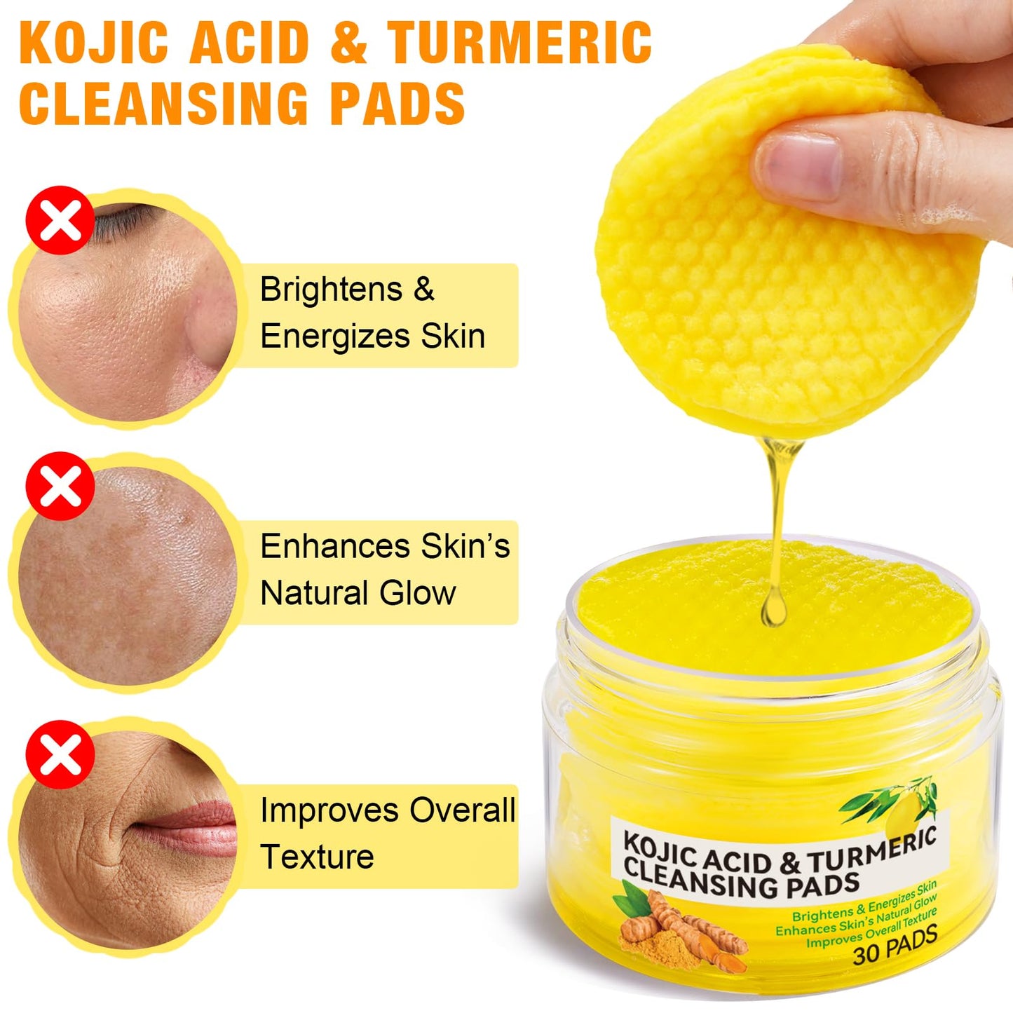 Generic Turmeric Kojic Acid Cleaning Pads, 60Pcs Turmeric Exfoliating Pads, Deep Clean Pores, Remove Excess Keratin, Helps Balance Skin Oil And Water, Unclog Pores, Improved Acne Scars and Dark Spots