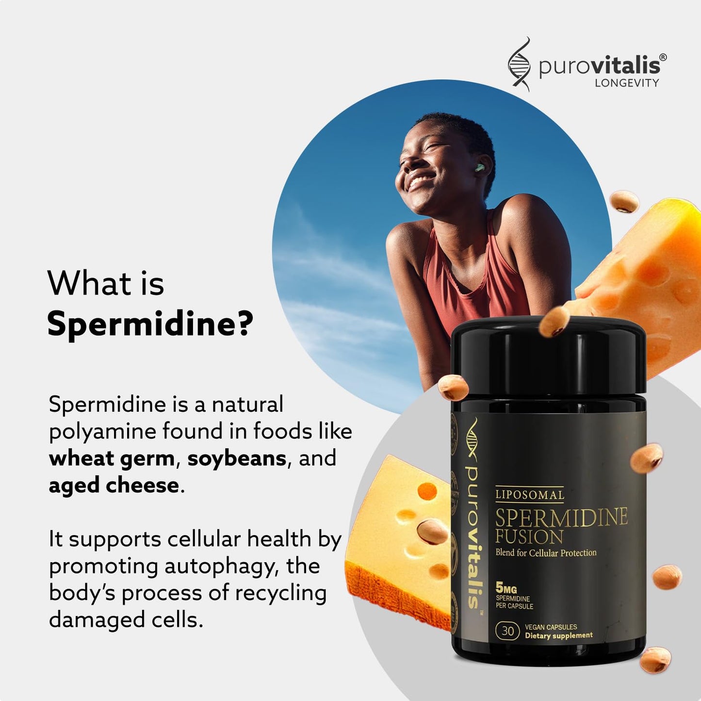 PUROVITALIS Spermidine Fusion 5mg, 30 Servings (30 Vegan Capsules), with Zinc, Vitamin D3 & B12, Anti-ageing Supplement