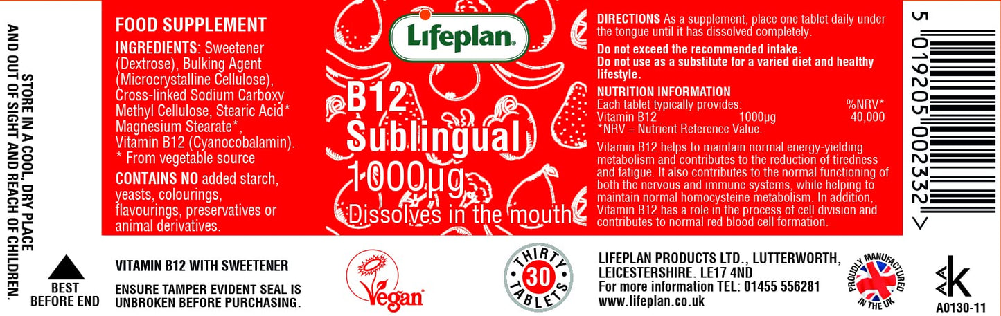 Lifeplan Vitamin B12 1000mcg. One month's Supply. Vegetarian & Vegan. Reduces Tiredness & Fatigue