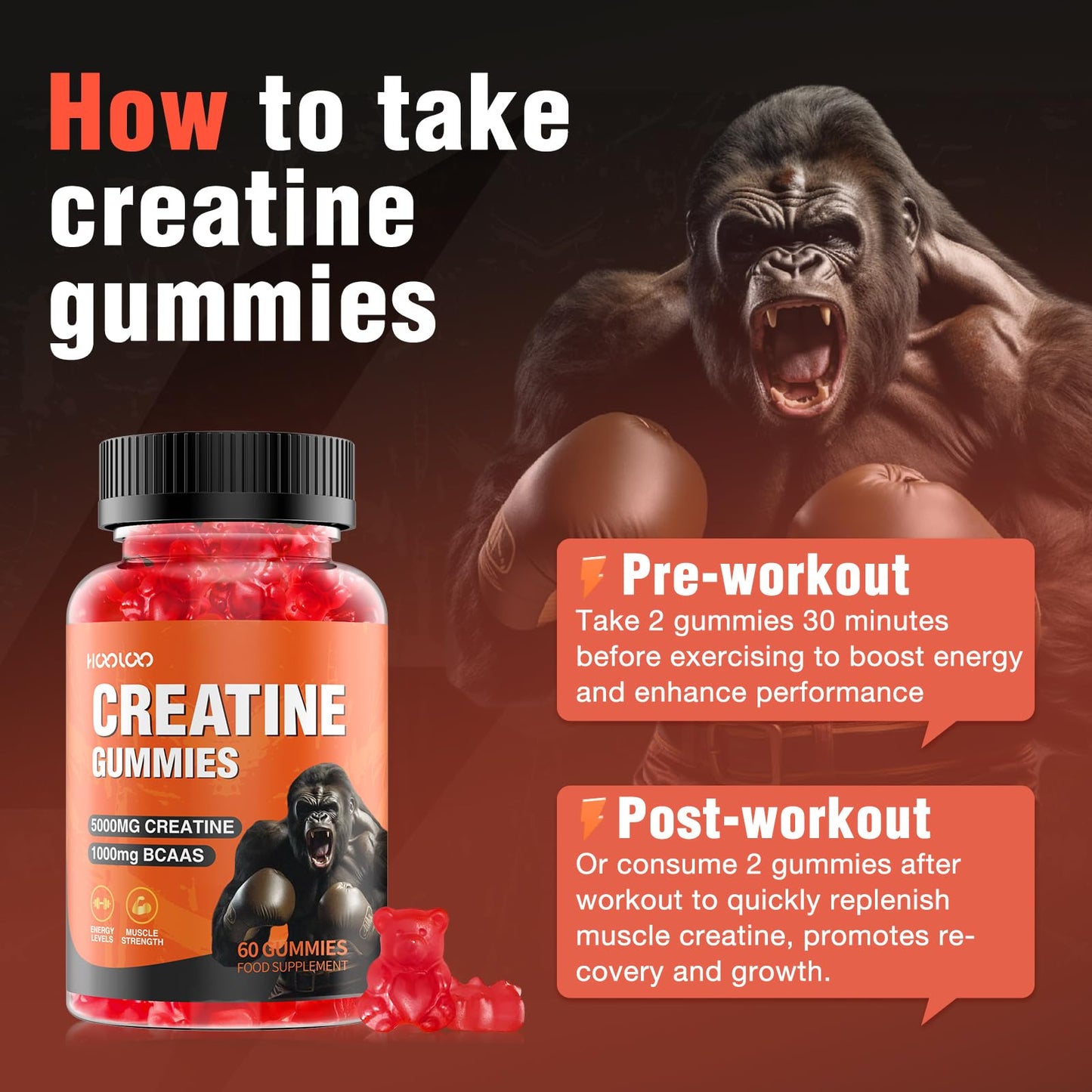 HOOLOO Creatine Gummies 5000mg Creatine Monohydrate with 1000mg BCAAs per Serving for Men & Women, Vegan & Sugar-Free, Easy Pre/Post Workout Gym Support for Performance and Muscle Power, 60 Count