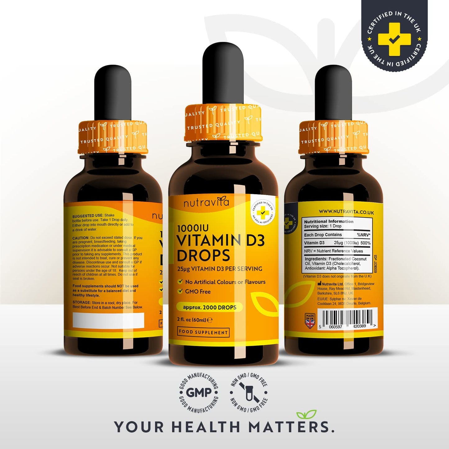 Vitamin D3 Drops 60ml (2000 Drops) – Vitamin D 1000IU per Drop – Flexible Dose of Liquid Vitamin D Supplement – Supports Normal Bones, Immune System & Calcium Absorption - Made by Nutravita