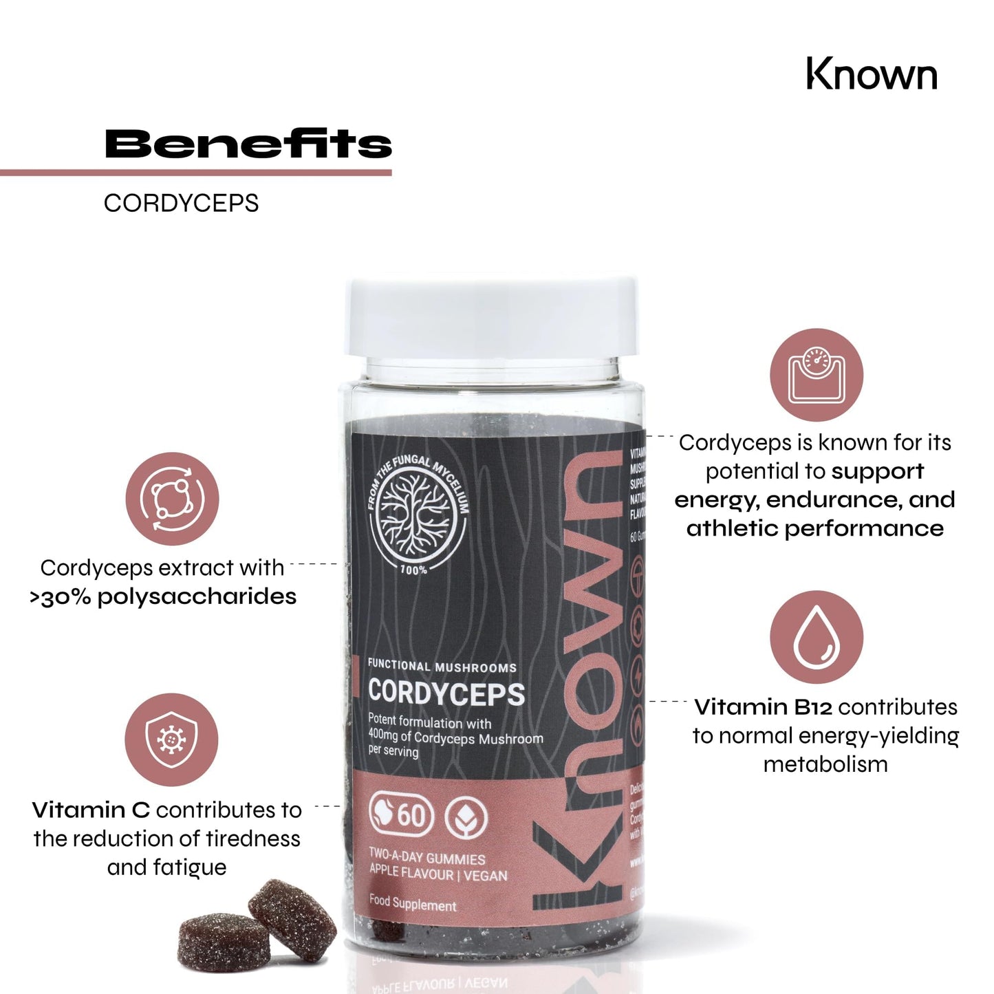 Cordyceps 400mg Mushroom Gummies by Known Nutrition | Natural Support for Energy and Endurance | Delicious Natural Apple Flavour | 60 Two-a-Day Vegan Gummies (One Month’s Supply)