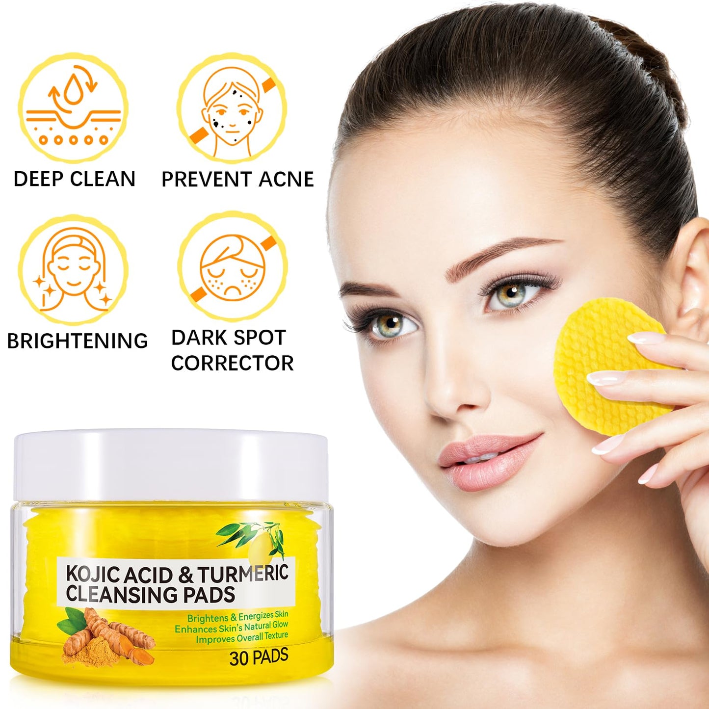 GMOLARSUSCO Kojic Acid and Turmeric Pads, Turmeric Kojic Acid Cleaning Pads, Turmeric Exfoliating Pads, Turmeric Pads for Face, Facial Sponges for Cleansing 30Pcs
