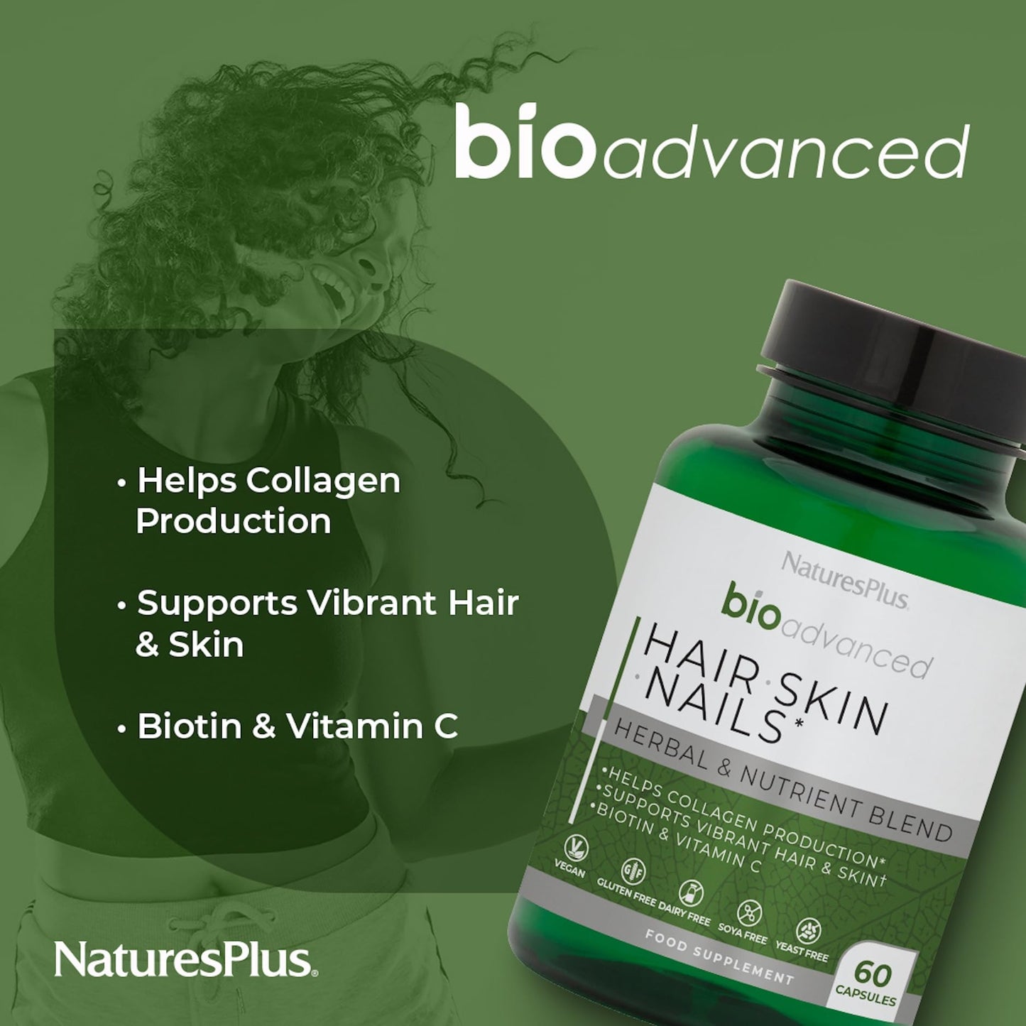 NaturesPlus BioAdvanced Hair Skin and Nails - Vegan Collagen Support - High Strength Biotin, Hyaluronic Acid and Antioxidants - Gluten Free, Vegan - 60 Capsules