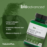 NaturesPlus BioAdvanced Hair Skin and Nails - Vegan Collagen Support - High Strength Biotin, Hyaluronic Acid and Antioxidants - Gluten Free, Vegan - 60 Capsules
