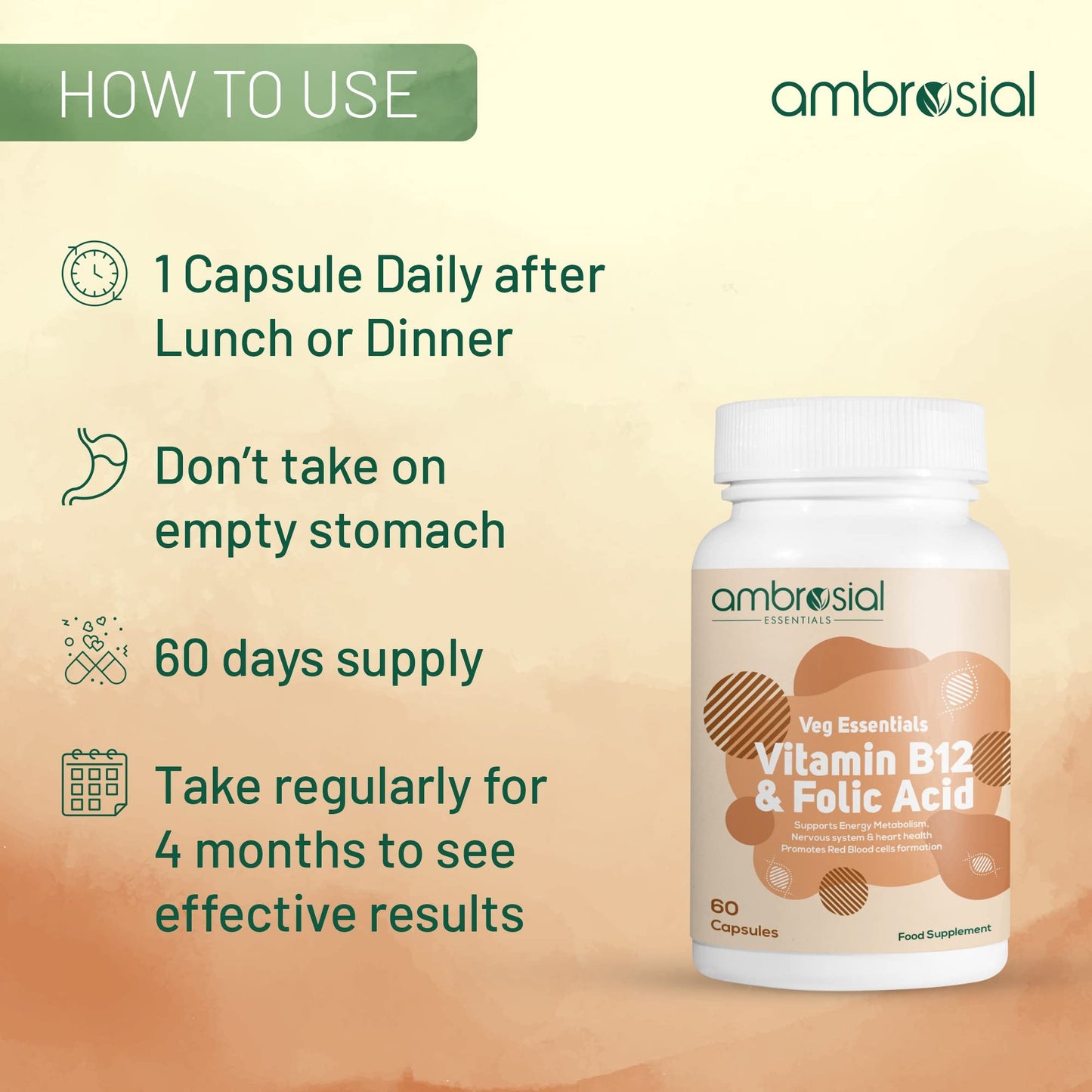 AMBROSIAL Ambrosial Vitamin B12 1000 mcg + 500 mcg Folic Acid | 1500 mcg | Folic Acid | Reduction of Tiredness & Fatigue | B12 Supplement | Immune System, Energy & Brain Support (Pack of 1-60 Capsules)