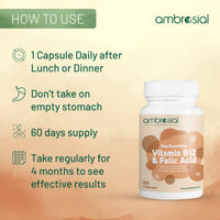 AMBROSIAL Ambrosial Vitamin B12 1000 mcg + 500 mcg Folic Acid | 1500 mcg | Folic Acid | Reduction of Tiredness & Fatigue | B12 Supplement | Immune System, Energy & Brain Support (Pack of 1-60 Capsules)