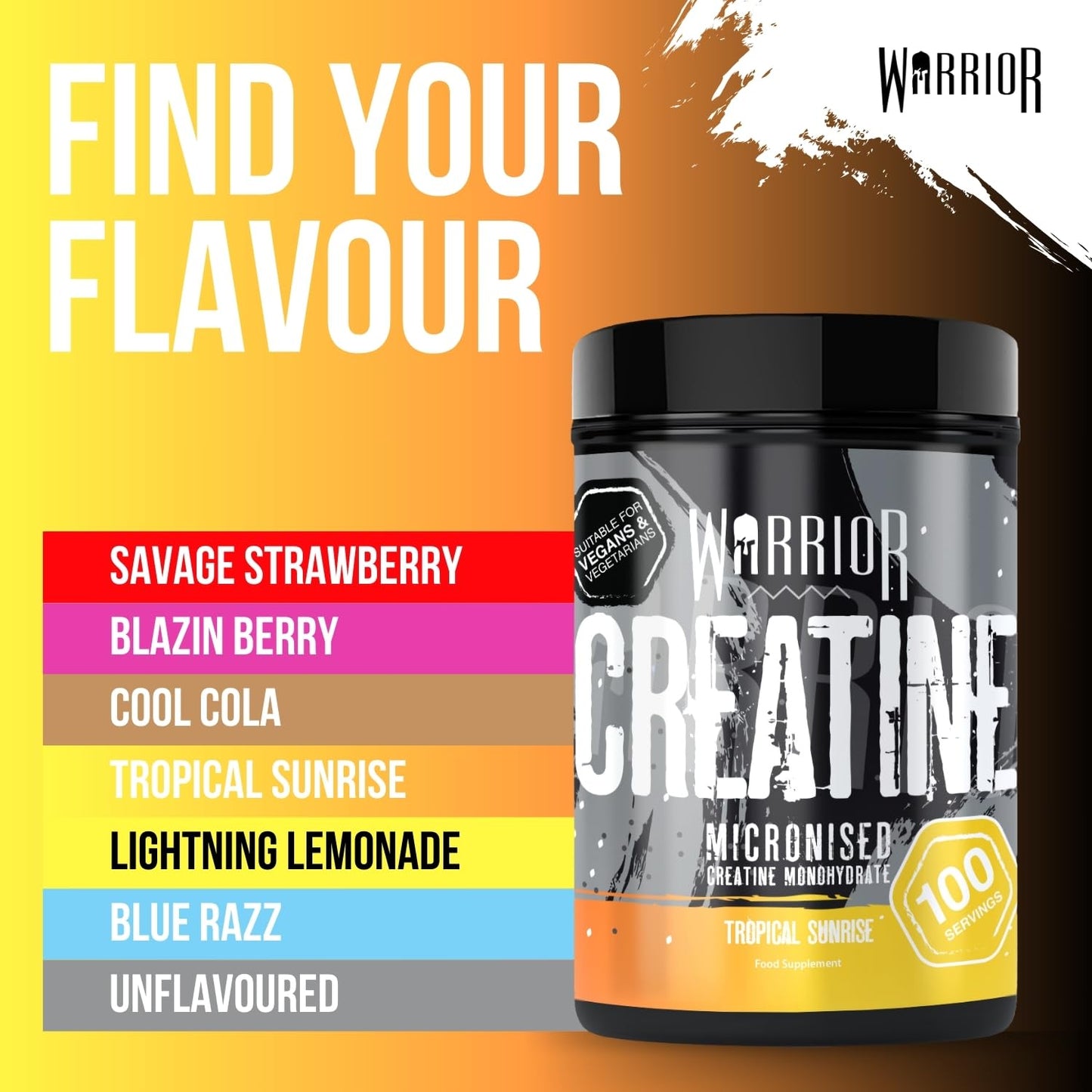 Warrior Creatine Monohydrate Powder – Micronised for Easy Mixing and Consumption – 100% Pure Creatine – Proven to Improve Physical Performance & Recovery, 5g Servings (Tropical Sunrise, 500g)
