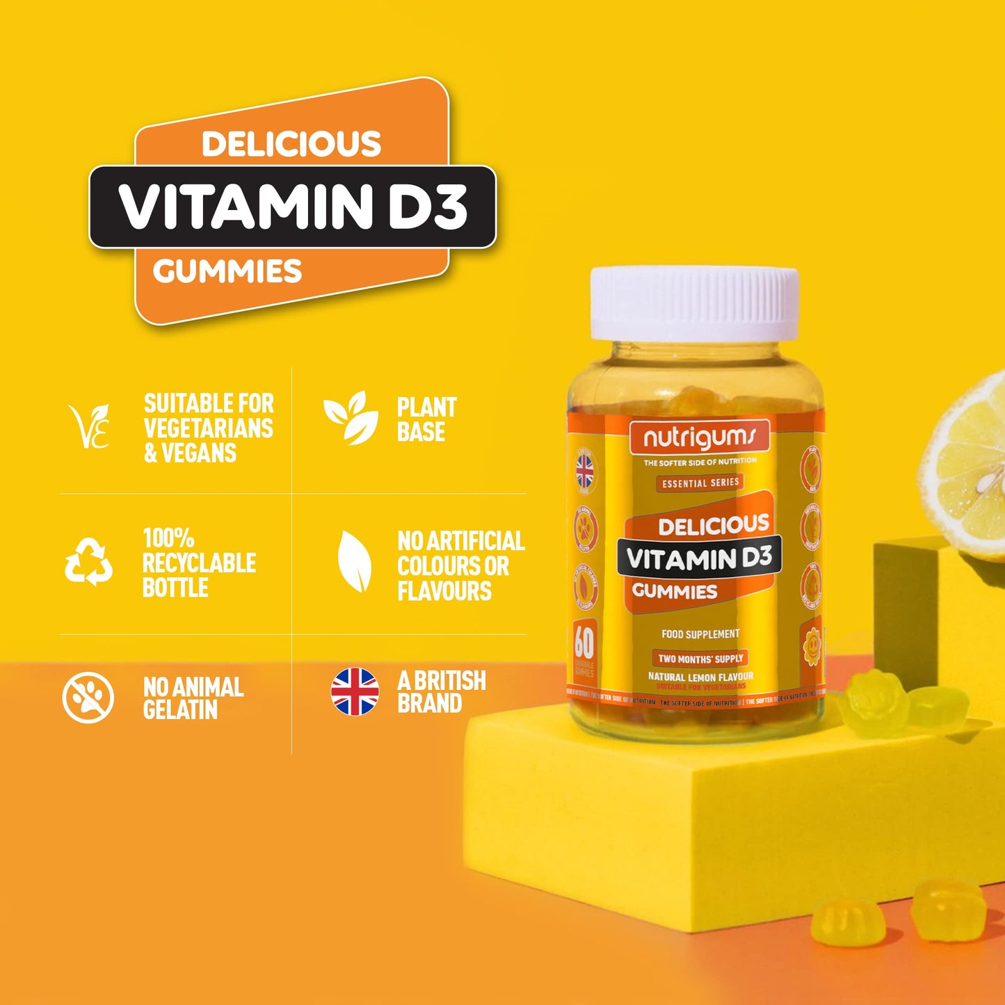 Vitamin D3 | 60 Lemon Flavour Gummies | Two Month Supply | 1000iu High Strength for Immune, Bones & Muscle Support | Suitable for 12+ Years by NUTRIGUMS®