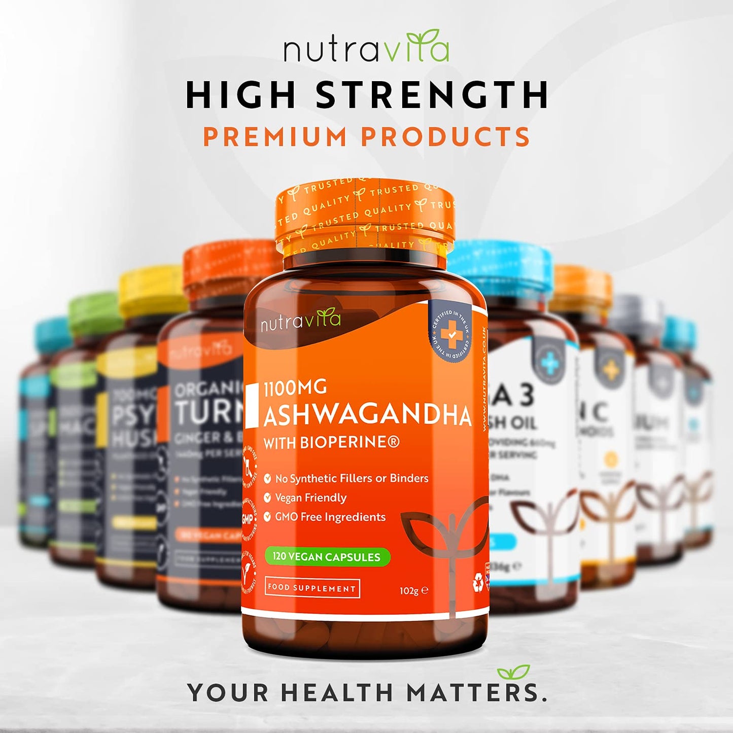Ashwagandha 1100mg - 120 Vegan Capsules with Added Bioperine® - High Strength Natural Ashwagandha Root Powder - Vegan Friendly Ashwaganda Supplement - Made in The UK by Nutravita