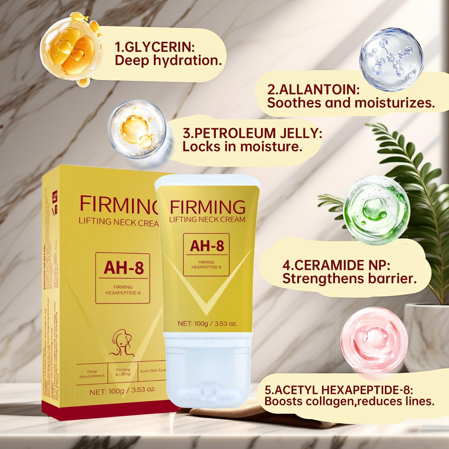 Trendyfave Ah-8 Firming Neck Cream, Ah-8 Neck Firming Cream With Roller, Tighten Sagging Skin, Reduce Wrinkles & Double Chin, Anti-Aging Neck Lotion, Non-Greasy Formula For neck & Face, 100g