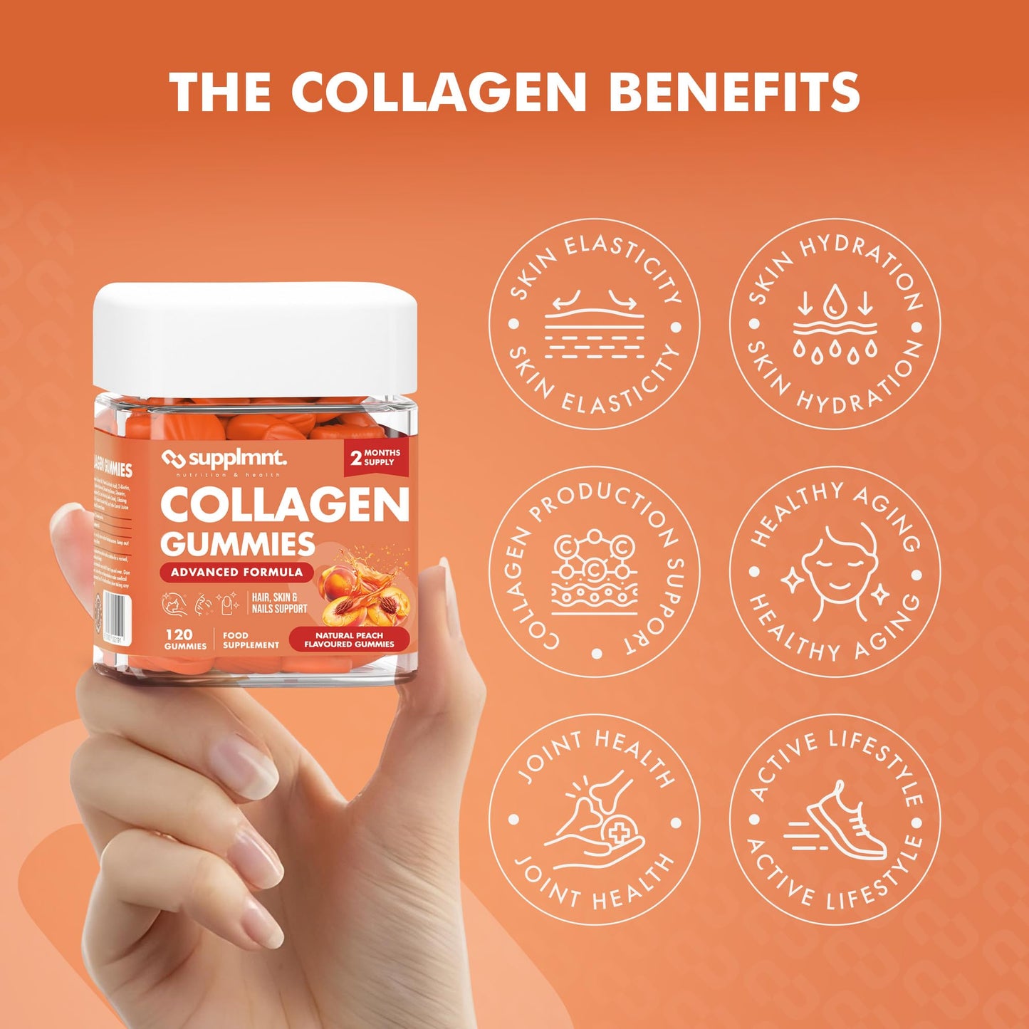 supplmnt. Marine Collagen Gummies - Hydrolysed Collagen Peptides with Biotin, Hyaluronic Acid & Vitamin C - Collagen Supplements for Women and Men - 120 Gummies. Collagen for Skin, Hair & Nails 2 Months Supply