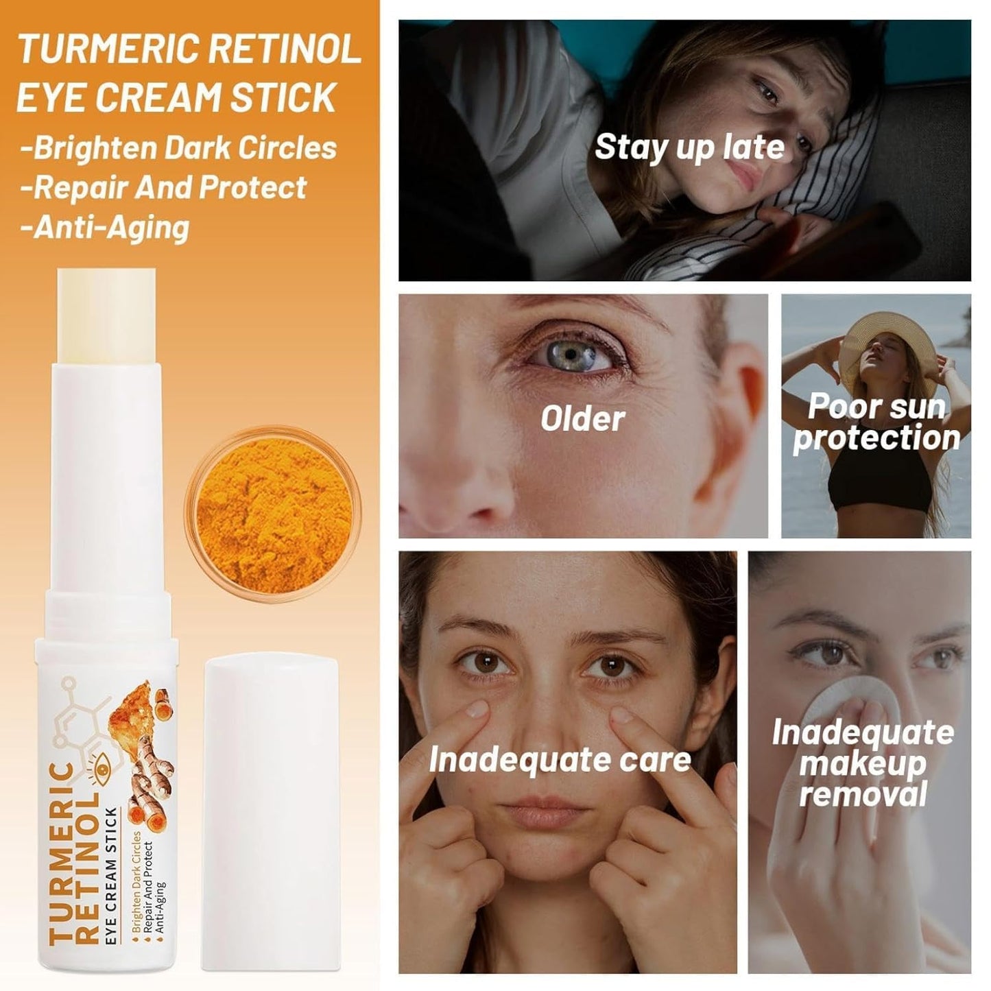 agctrler 2 Pieces Turmeric Eye Cream Stick, Turmeric Retinol Eye Balm Pen, Retinol Eye Cream, for Dark Circles and Wrinkles, Reduces Puffiness, Fine Lines and Eye Bags, for All Skin Types