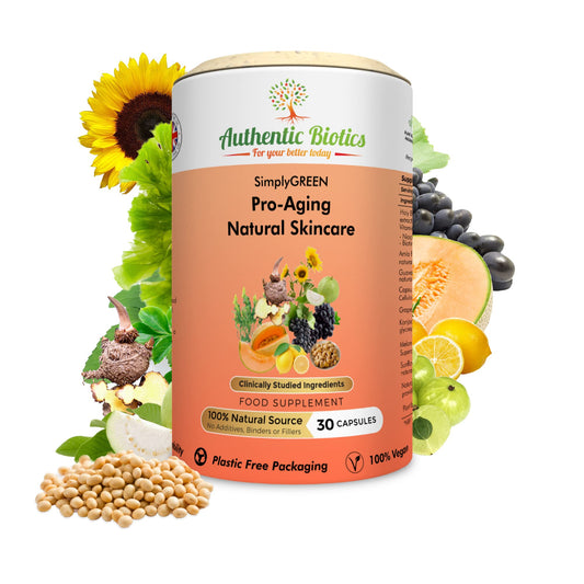 Authentic Biotics Vegan Collagen Boosting Natural Plant-based Skincare, Vitamins for Healthy Skin with Antioxidants, Contains Vitamin D3 K2 C & E Zinc Niacin Biotin & SOD, Multivitamins for Women & Men,1 Month Supply