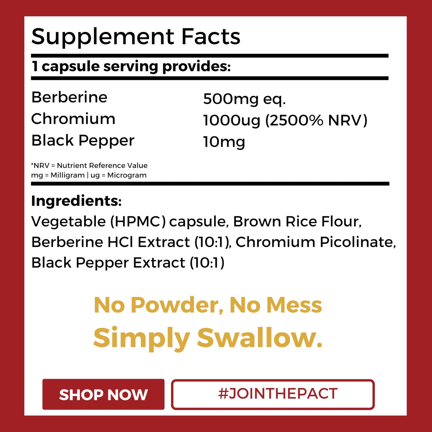 Nutripact Berberine Supplement with Chromium Picolinate and Black Pepper - 60 Vegan Capsules (not Tablets) High Strength 500mg - Made in The UK