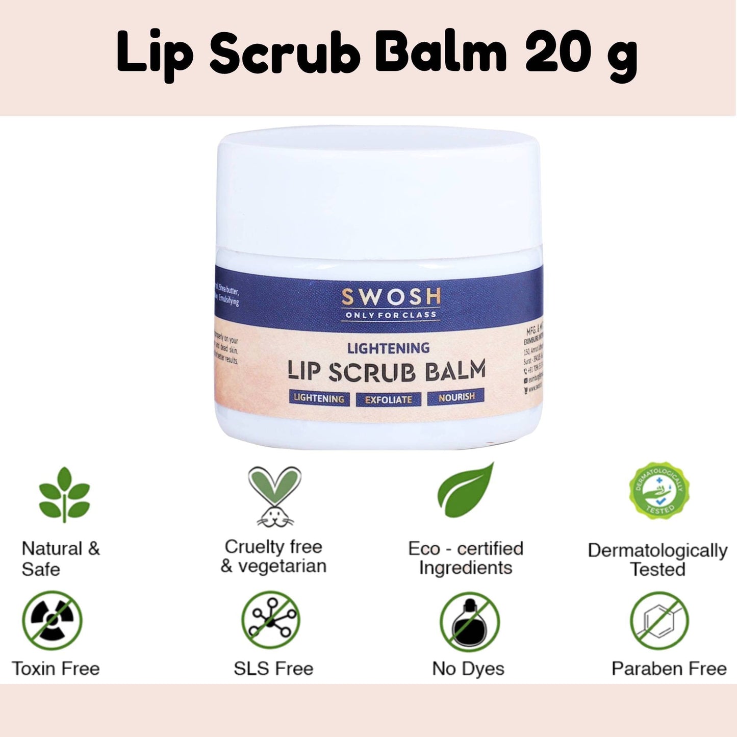 SWOSH Lip Scrub For Dark Lips To Lighten Pink 20 gram With Beeswax and Vitamin E | Lip Brightening Scrub Balm For Women and Men For Exfoliating Dry and Chapped Lips, Removes Tan and Dead Skin Cells