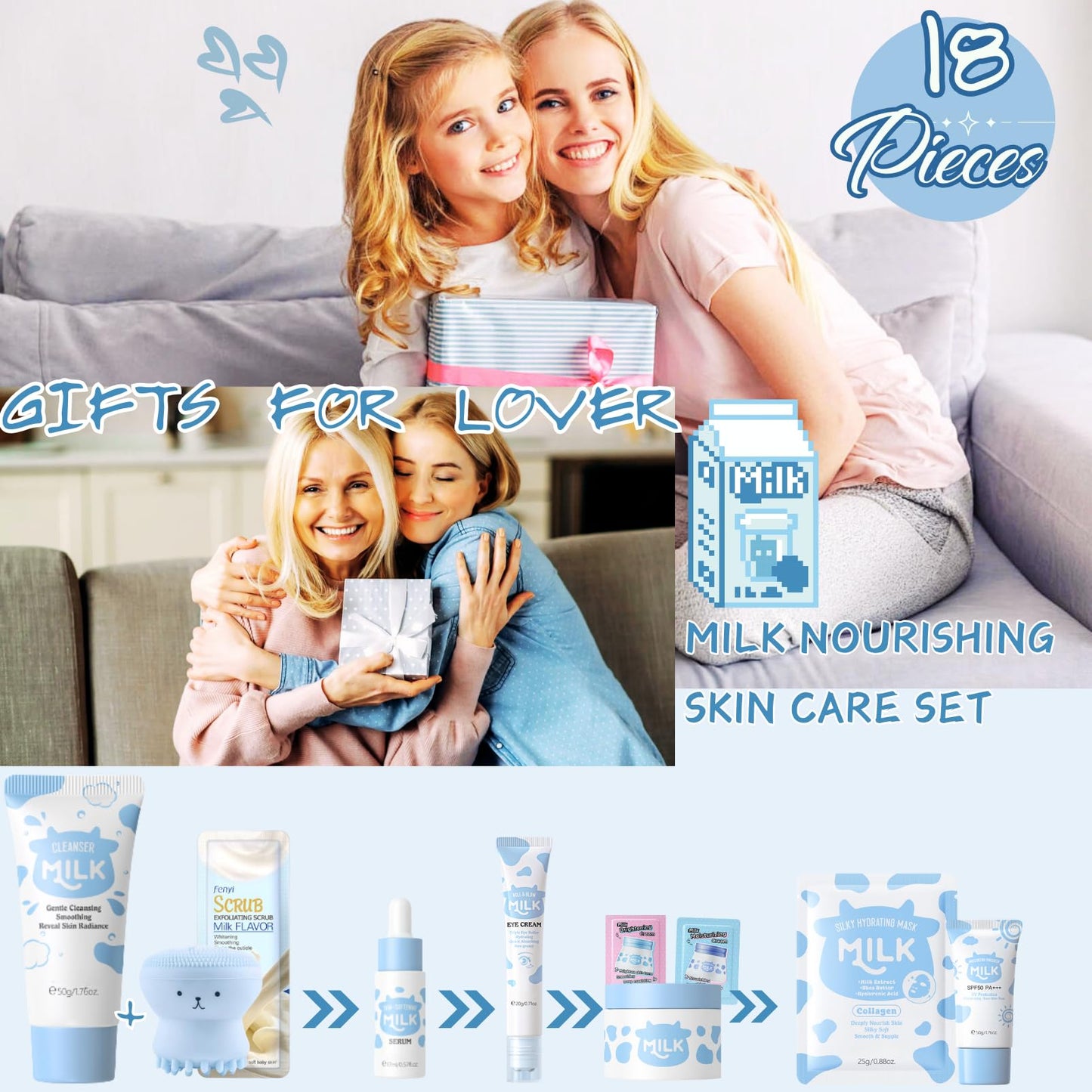 Milk Skincare for Teenage Girls Gifts - Beauty Milk Skin Care Sets & Kits - Nourish Facial Kits for Women with Cleanser,Serum,Cream,Eye Cream,Scrub,5pcs hair Accessories,Gift bag (18pcs)