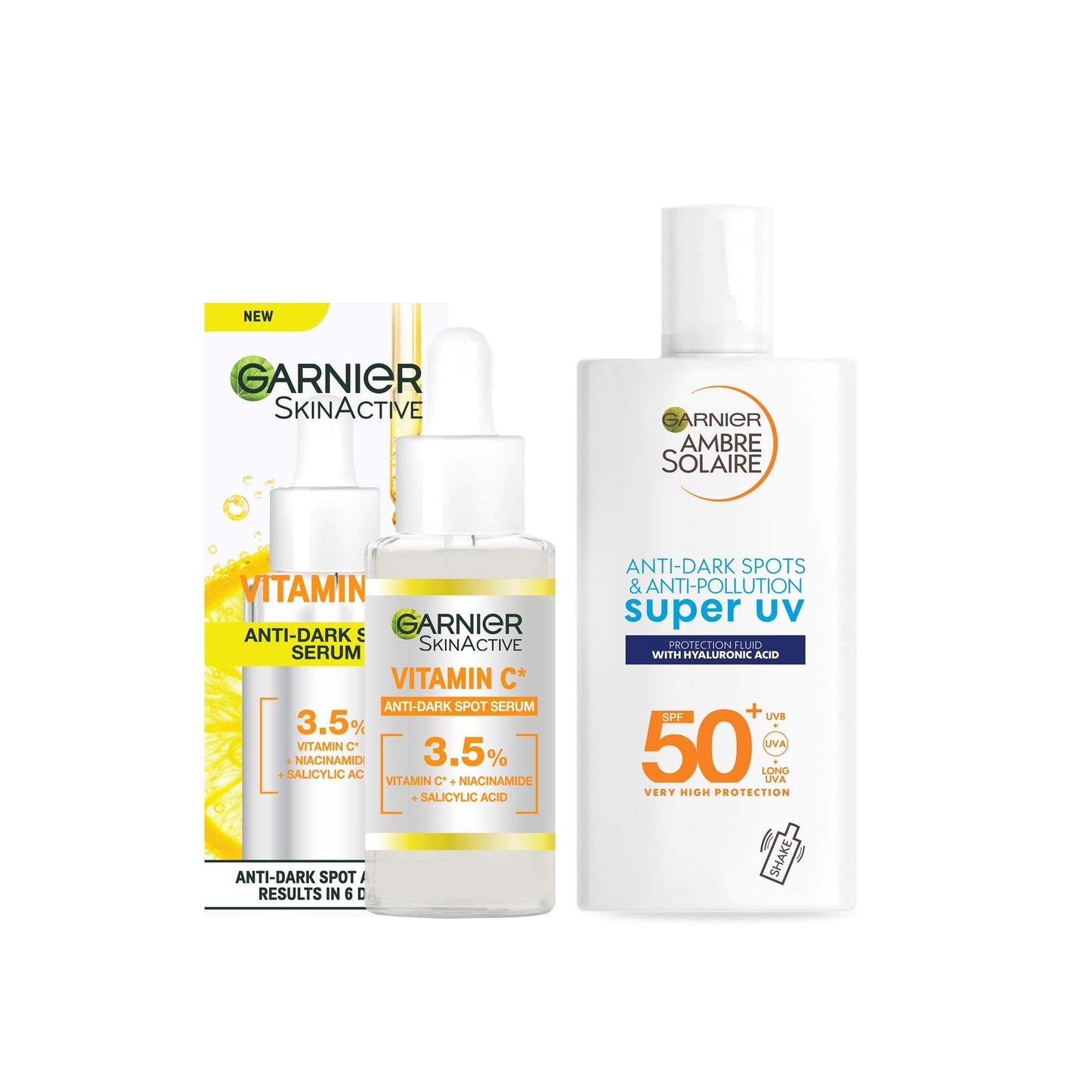 Garnier Brightening and Anti Dark Spot Power Duo,Serum and Moisturiser,Brightening Serum With 3.5 Percent Vitamin C,Niacinamide,Salicylic Acid and Lemon Extract and SPF 50 Face Moisturiser,2 Pieces