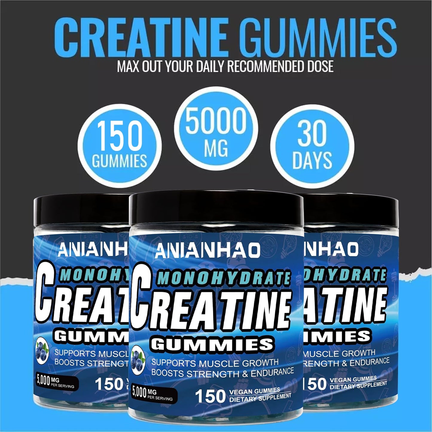 ANIANHAO Creatine Gummies 5000mg 150 Gummies Creatine Monohydrate Gummies - Berry Flavoured Creatine - Pre Workout Gym Supplement for Men & Women - Vegan Chews Chewable Max recommneded Strength (2Bottle)