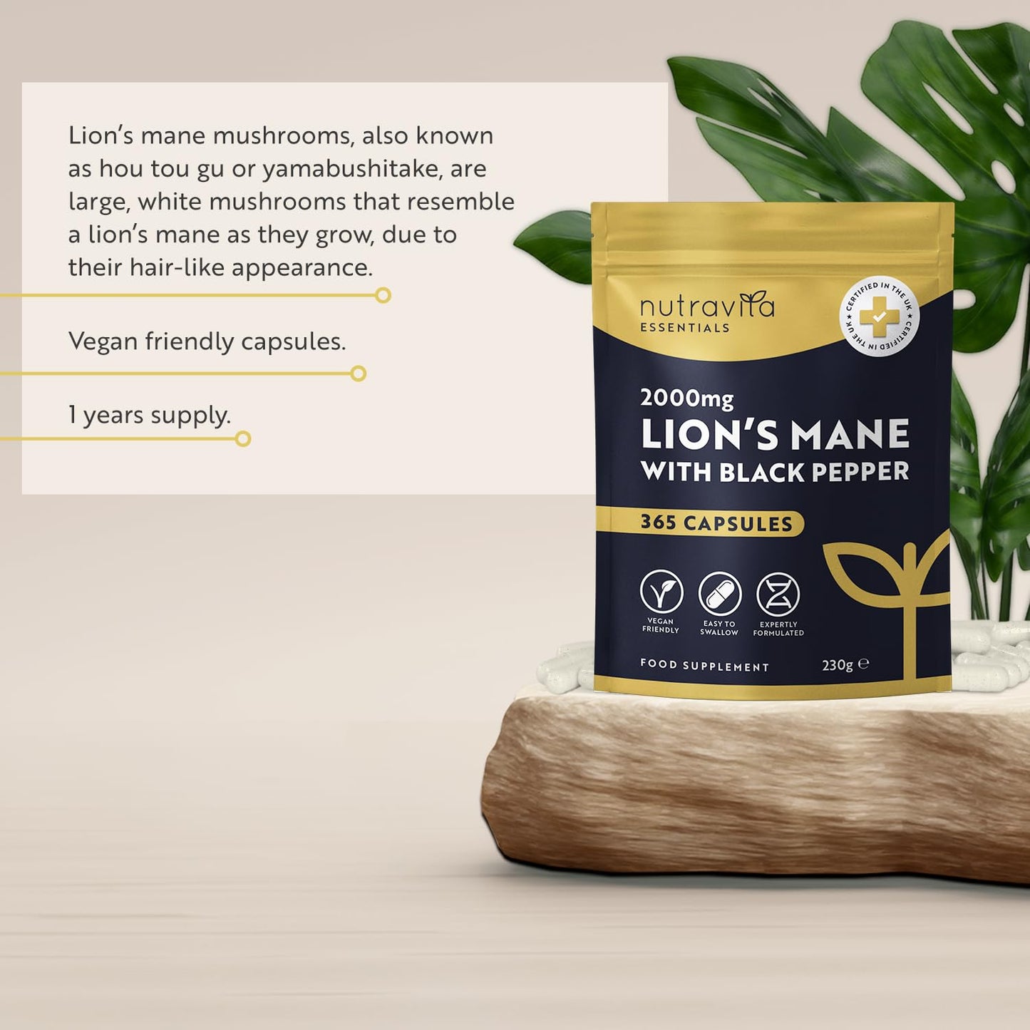 Lions Mane Mushroom 2000mg - 365 High Strength Capsules - Alternative to Lions Mane Powder - 1 Year Supply - Lions Mane Extract Supplement with Black Pepper - 100% Vegan - Nutravita