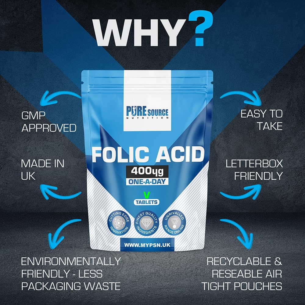 Pure Source Nutrition Folic Acid Tablets 400 mcg Vegan Vitamin B9 Tablets - Pregnancy Care - Normal Function of Immune System & Supports Maternal Tissue Growth - Reduce Tiredness and Fatigue by PSN (180 Tablets)