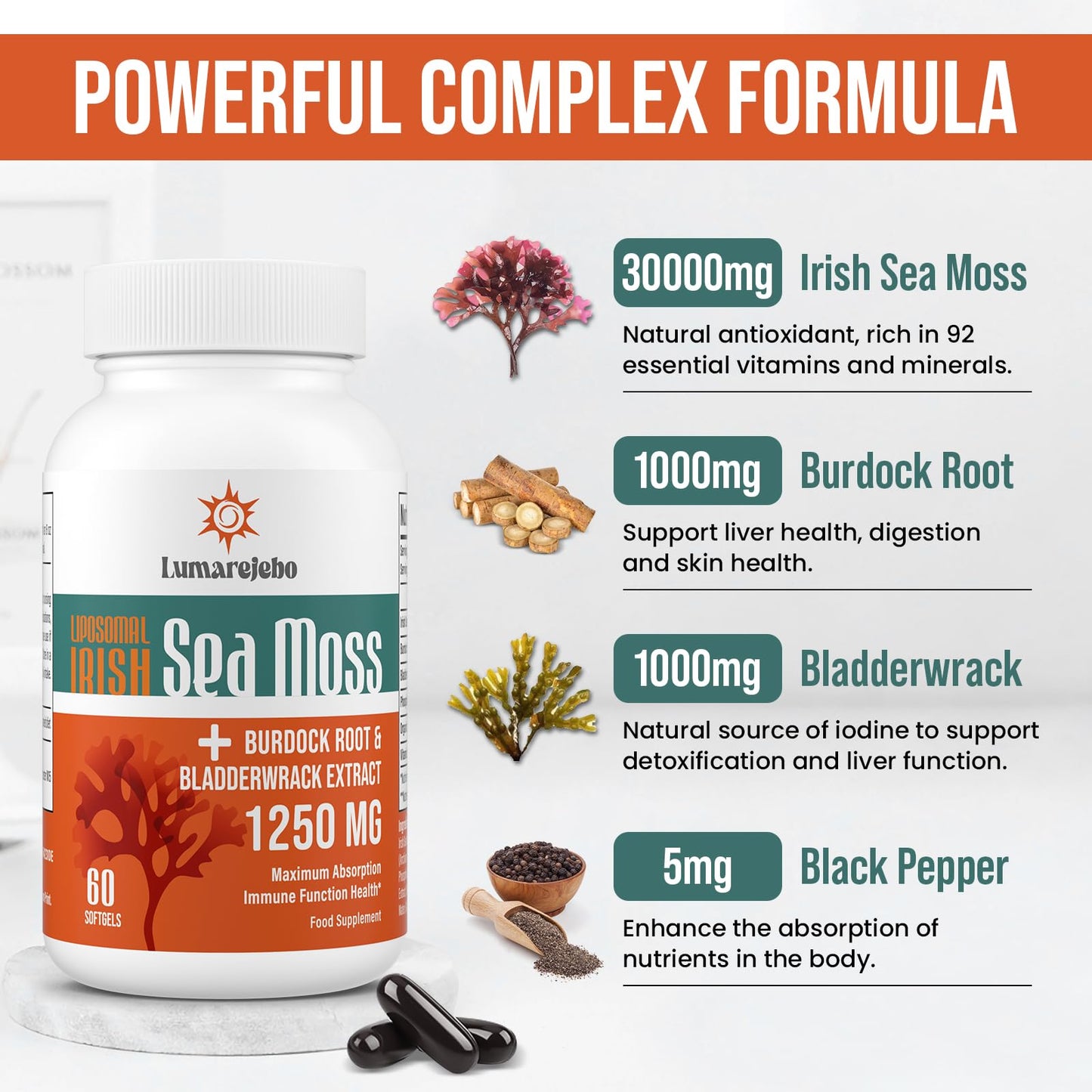 Lumarejebo Liposomal Irish Sea Moss Softgels | 30000mg of Wild Irish Seamoss Equivalent Per Serving | Burdock Root & Bladderwrack Complex Formula | Enhanc Immunity & Gut Health, 120 Softgels
