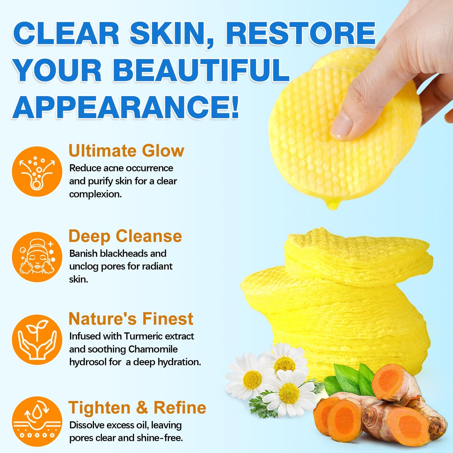 Kojic Acid and Turmeric Pads - 40 Pcs Turmeric Exfoliating Foaming Pads -Kojic Acid Turmeric Cleansing Pads for Face - Water and Oil Blance Turmeric Kojic Pads Gentle & Non-Irritating