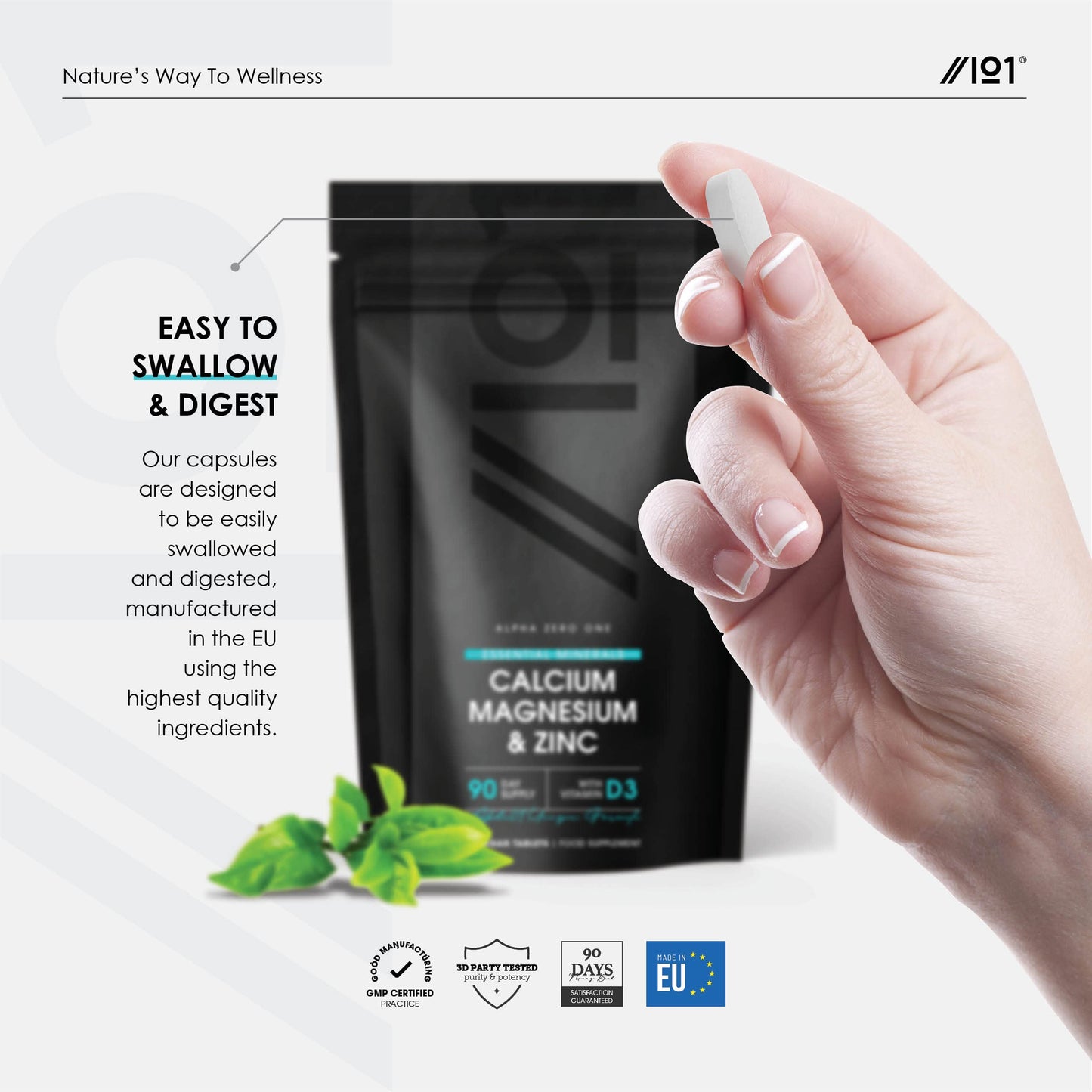 ALPHA01 Calcium Magnesium Zinc & Vitamin D3 Tablets - 3 Months Supply, 90 Vegetarian Capsules - 3rd Party Lab Tested for Purity & Potency, No Additives — Non-GMO, Gluten Free.