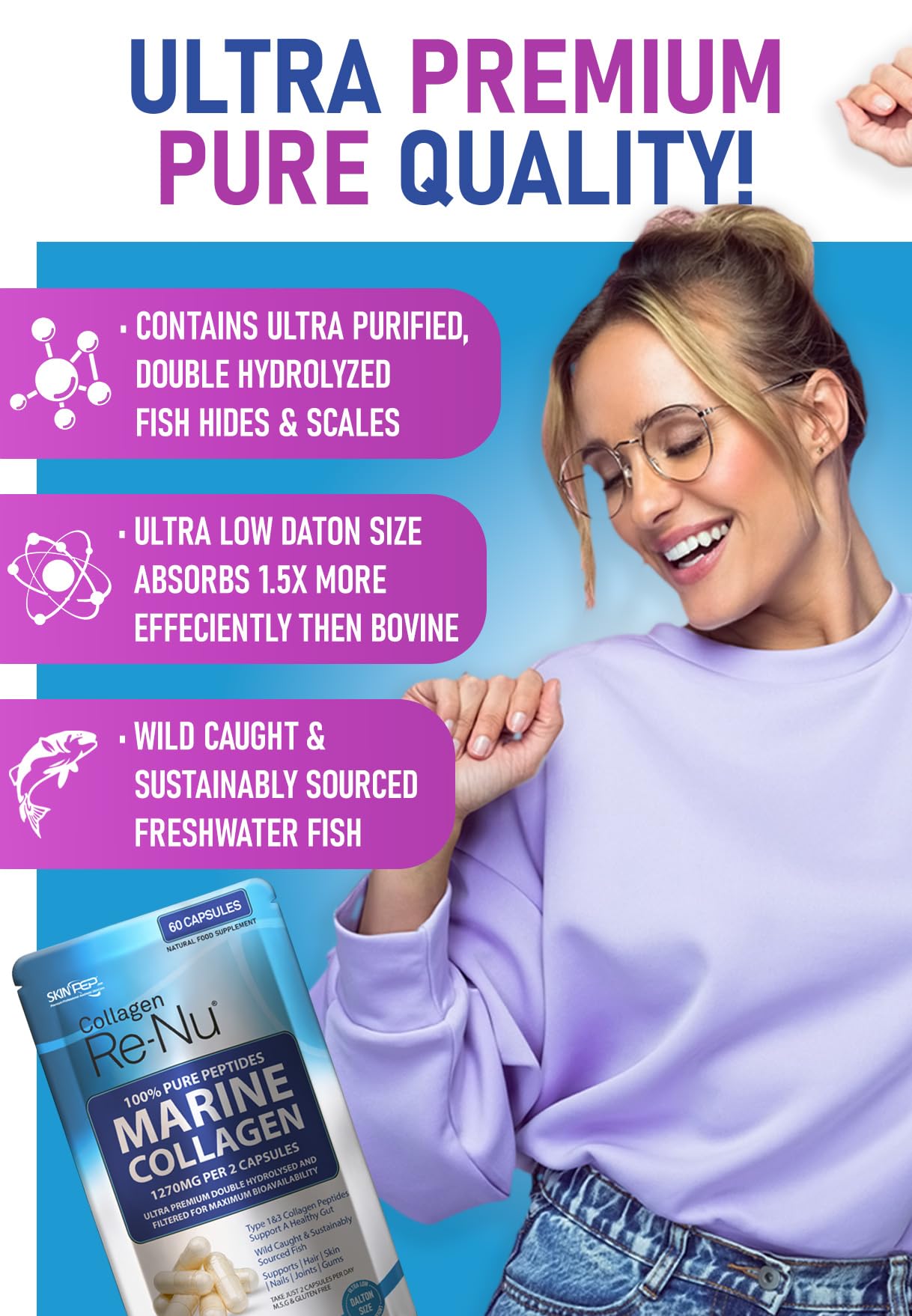 Skin Pep 100% Pure Marine Collagen 60 Capsules - 1270mg (Not Collagen Powder) - 1 Month Supply - Collagen Supplements for Women & Men - Premium Double Hydrolysed Type 1 Collagen Peptides by SkinPep