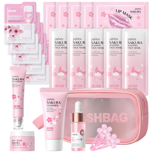 Ceboic Sakura Skin Care Sets & Kits, Cherry Blossom Skincare Set For Teenage Girls Gifts, Facial Kits for Women, JAPAN Skincare Set with Wash Bag, Eye Serum, Cream, Cleanser, Sleep Mask, Mud Mask, Lip Mask