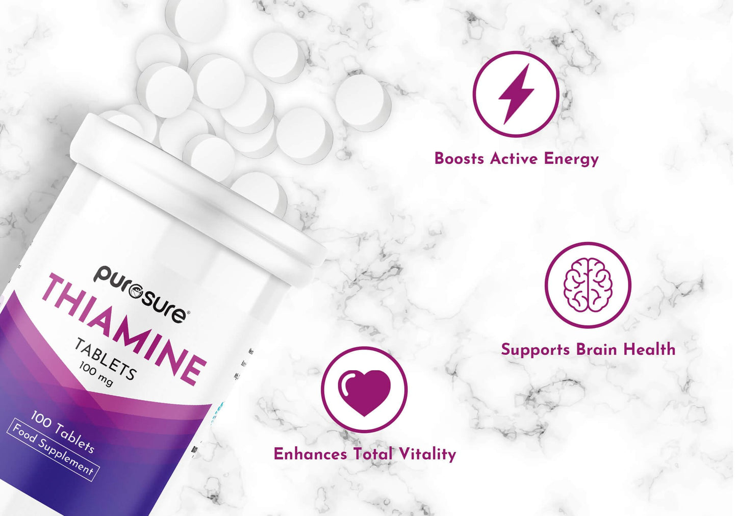 PuroSure Vitamin B1 Thiamine 100mg Tablets – Pack of 100 - for Heart, Immune and Psychological Function & Energy Release
