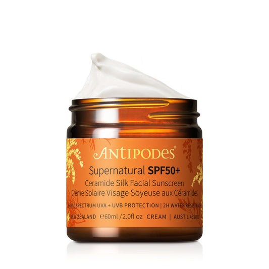 Antipodes Supernatural SPF50+ Ceramide Silk Facial Sunscreen – Natural Zinc Sun Cream UVA & UVB – Mineral SPF50+ for Face with Ceramides – All Skin Types – 60ml