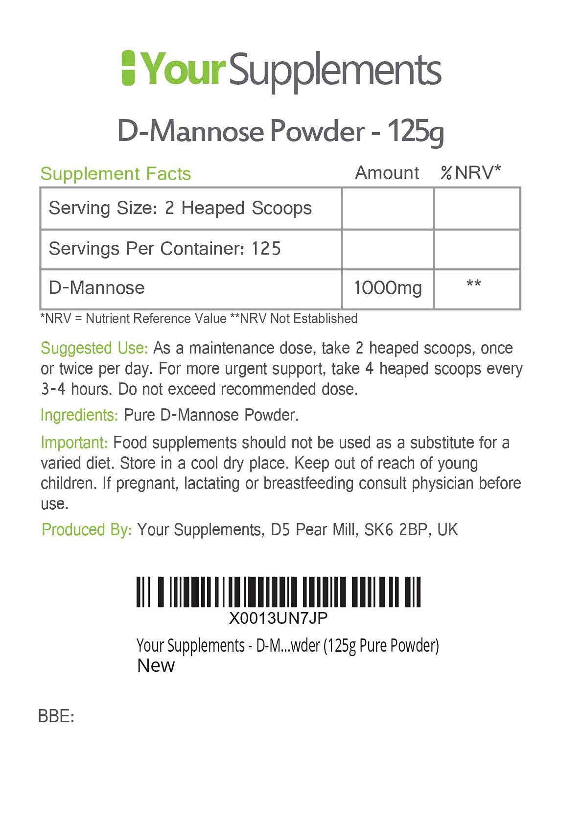 YourSupplements Your Supplements - D Mannose Pure Powder 125g | Natural & Non GMO | Vegetarian & Vegan Friendly | Scoop Included