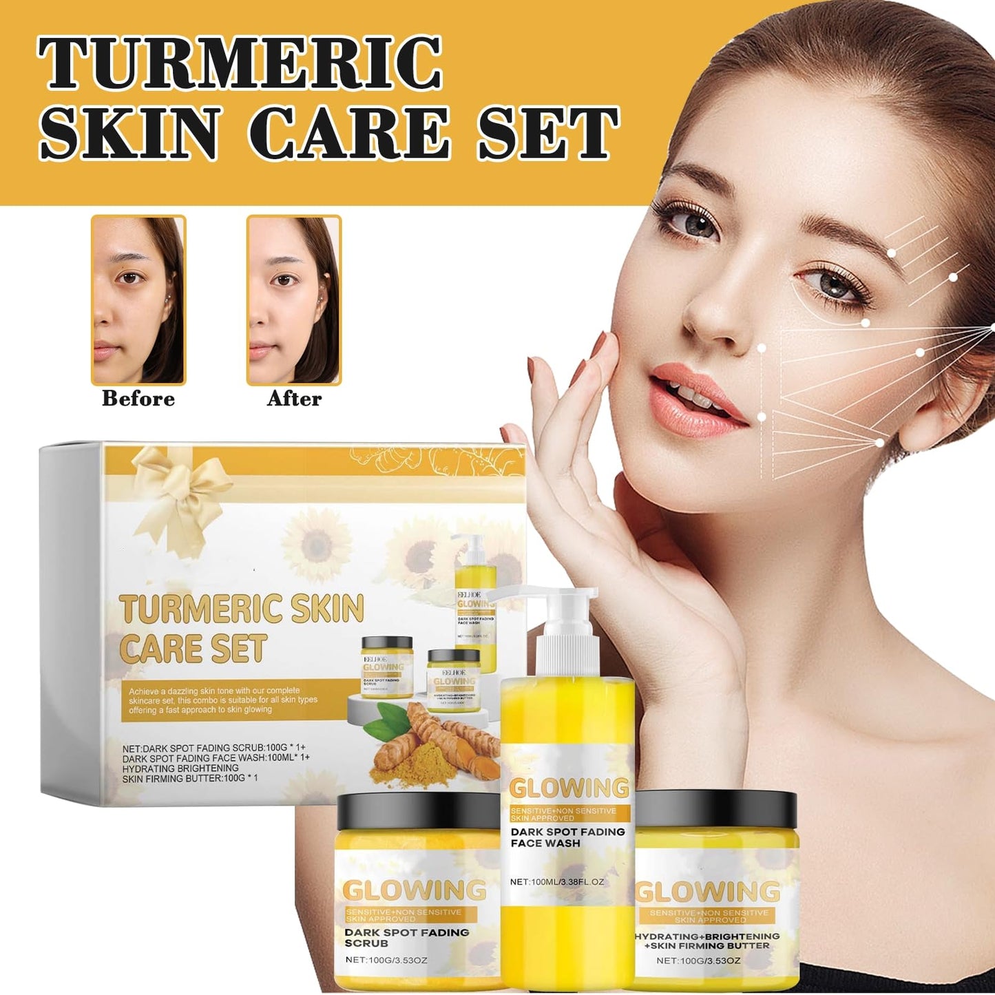 Turmeric Glow Combo, Glow Turmeric Skin Care Set with Turmeric Face Wash Turmeric Glow Scrub Turmeric Face Cream for Deep Cleaning, Brightens and Firms Skin, Helps to Reduce Acne and Dark Spots