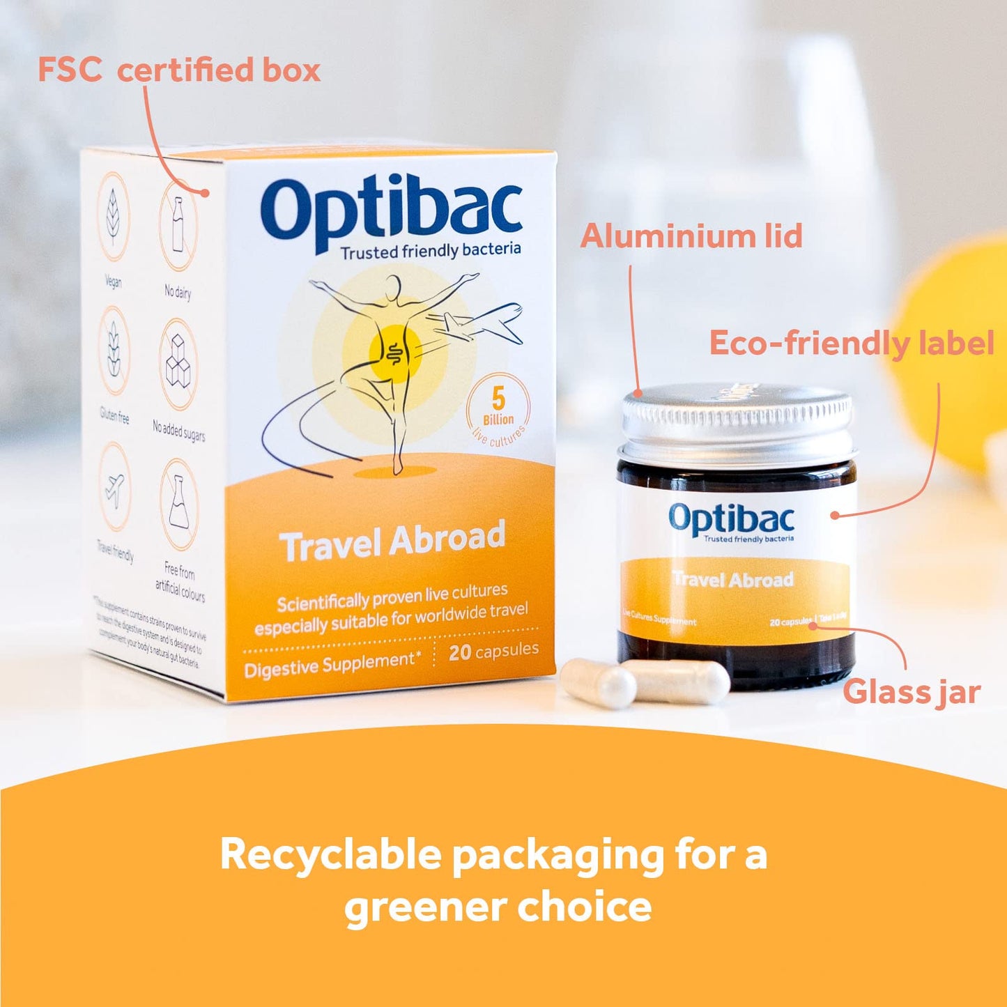 Optibac Travel Abroad Probiotics -Vegan Digestive Probiotic Supplement Formulated for Travel Support & Gut Health, 5 Billion Live Cultures - 20 Capsules