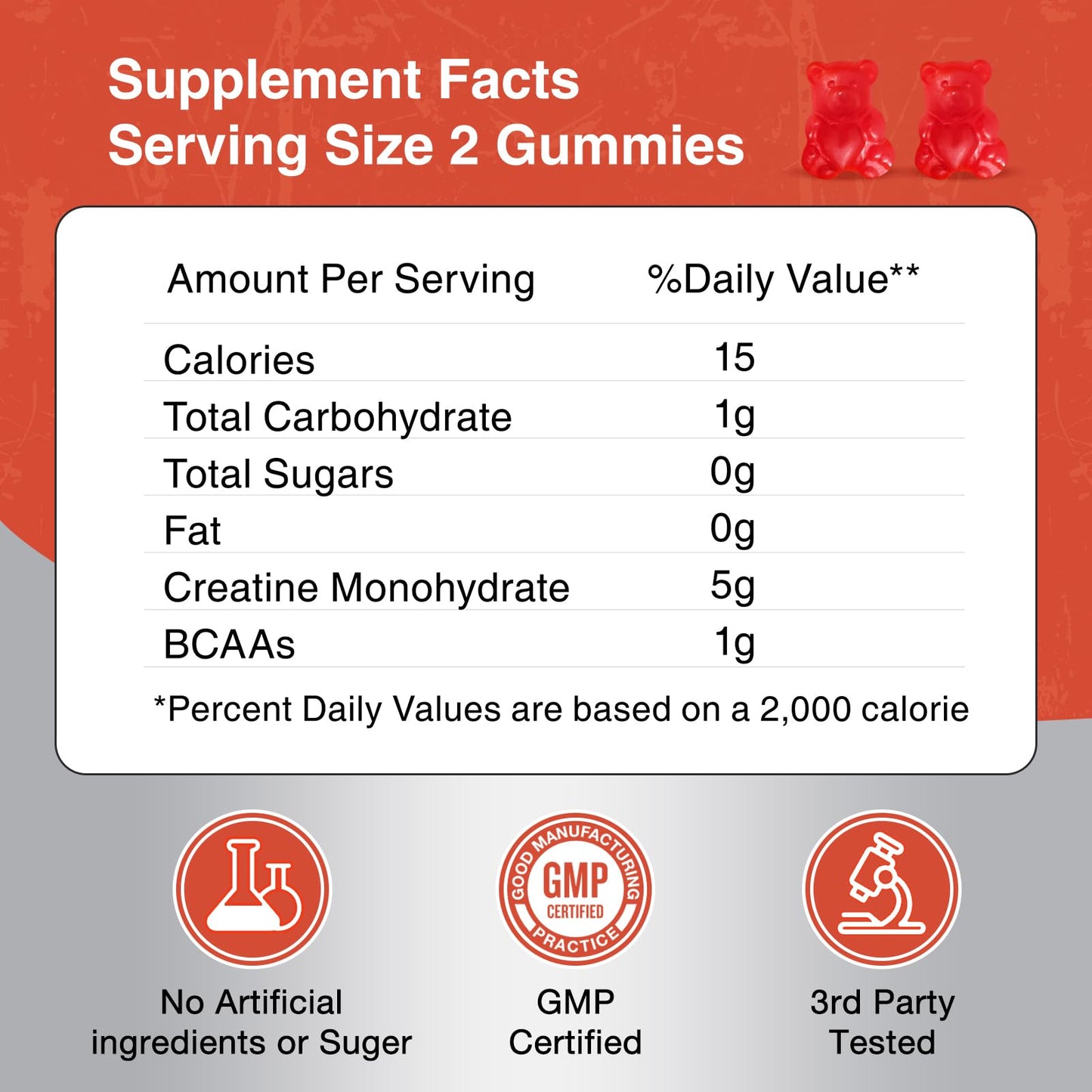 HOOLOO Creatine Gummies 5000mg Creatine Monohydrate with 1000mg BCAAs per Serving for Men & Women, Vegan & Sugar-Free, Easy Pre/Post Workout Gym Support for Performance and Muscle Power, 60 Count