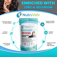 Nutrivolv Biotin Hair Growth - Zinc & Selenium - 180 Tablets - 10000ยตg - Hair Skin & Nails