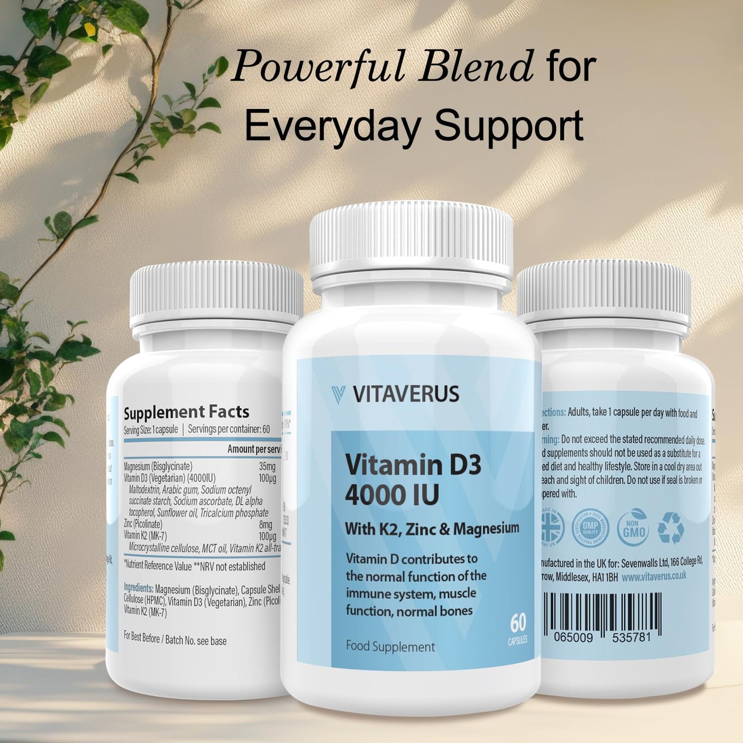 VITAVERUS Vitamin D3 4000 IU Supplement, with K2, Zinc & Magnesium, Made in UK, 60 Capsules
