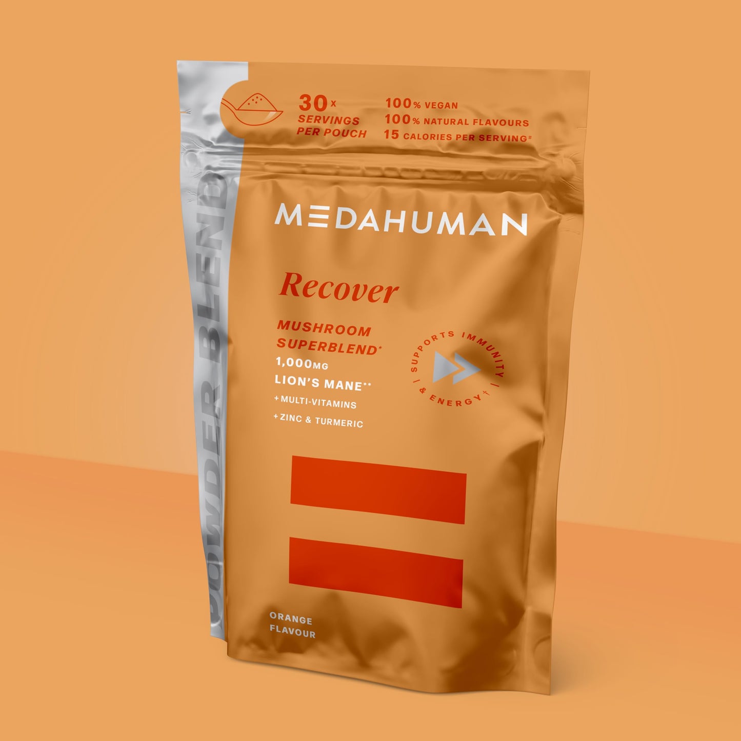 MEDAHUMAN Recover Mushroom & Adaptogen Superblend Powder, with Lions Mane 1000mg, B Vitamins, Zinc, Turmeric & Ginger, Orange Flavour, Aids Recovery & Immunity, Orange Flavour, 1 x 150g