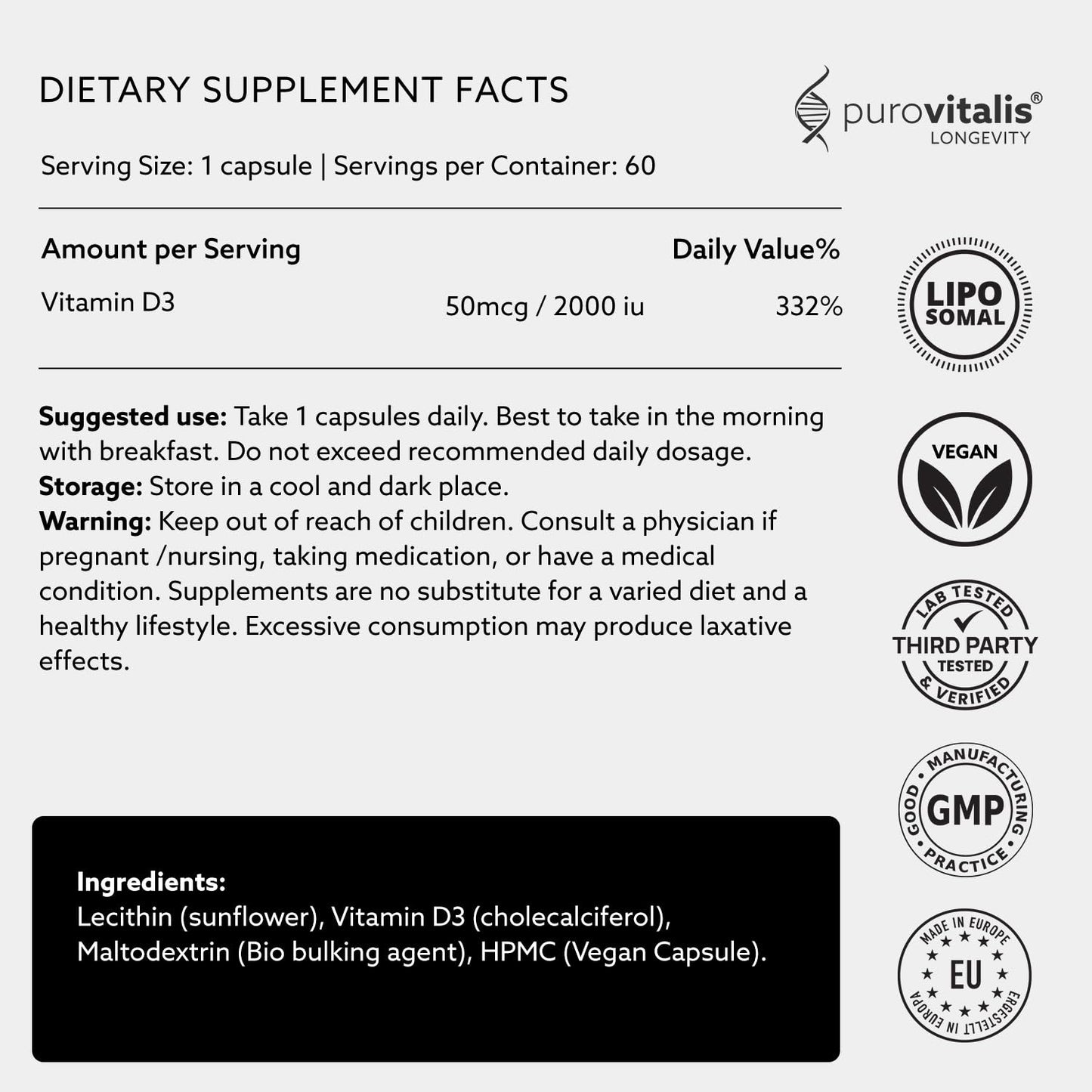 PUROVITALIS Liposomal Vitamin D3 2000iu, 60 Servings (60 Vegan Capsules), High Strength Anti-oxidant Supplement
