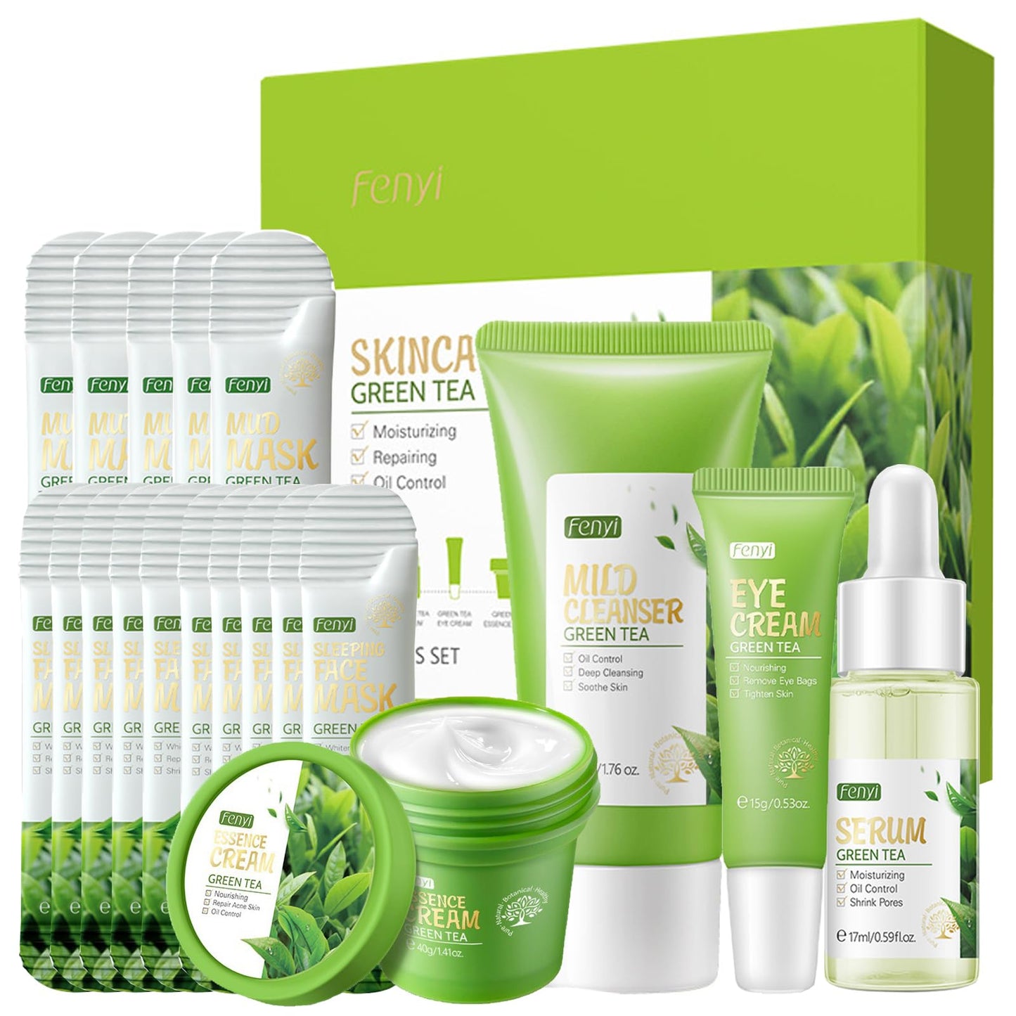 Green Tea Skincare Set Gifts For Men & Women,Anti Acne Skincare Set Include Cleanser-Serum-Eye Cream-Face Cream- Face Mask-Blackhead Remover Mask For Hydrate Shrink Pore Sooth Redness Oil Control