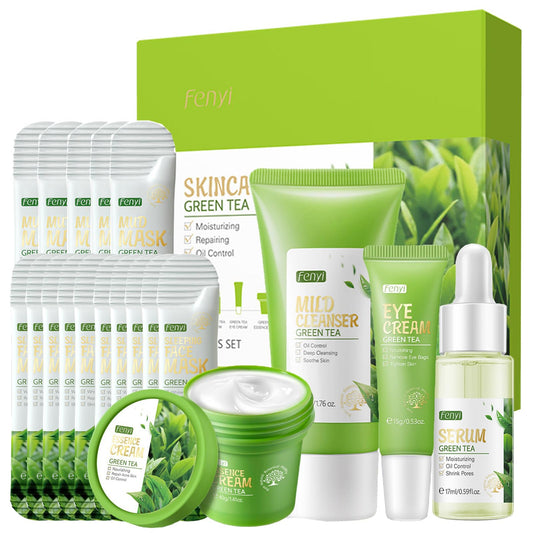 Green Tea Skincare Set Gifts For Men & Women,Anti Acne Skincare Set Include Cleanser-Serum-Eye Cream-Face Cream- Face Mask-Blackhead Remover Mask For Hydrate Shrink Pore Sooth Redness Oil Control