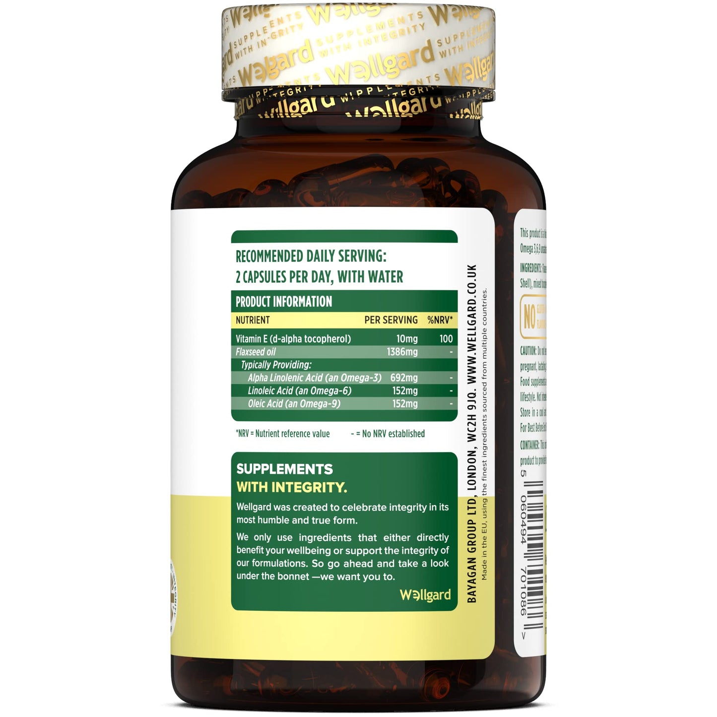 Vegan Omega 3 6 9 Capsules by Wellgard - High Strength 1386mg Flaxseed Oil Capsules with Alpha Linolenic Acid (ALA), Linoleic Acid (LA), Vitamin E