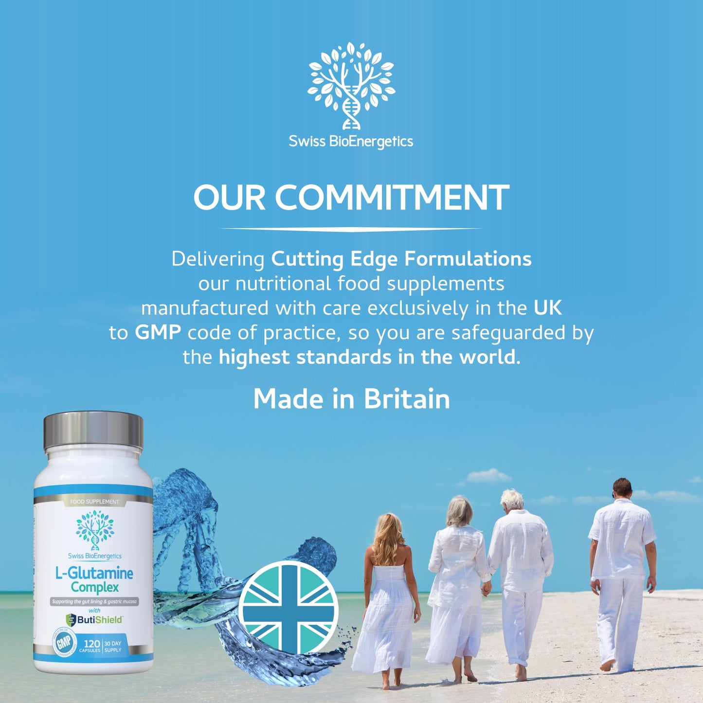 swiss bioenergetics L-Glutamine Complex with Butyric Acid, Glucosamine (N-Acetyl-D), Marshmallow Root, Slippery Elm Bark, Liquorice Root, Chamomile Flower, Mastic Gum, Quercetin & Zinc - UK Made and No Artificial Nasties