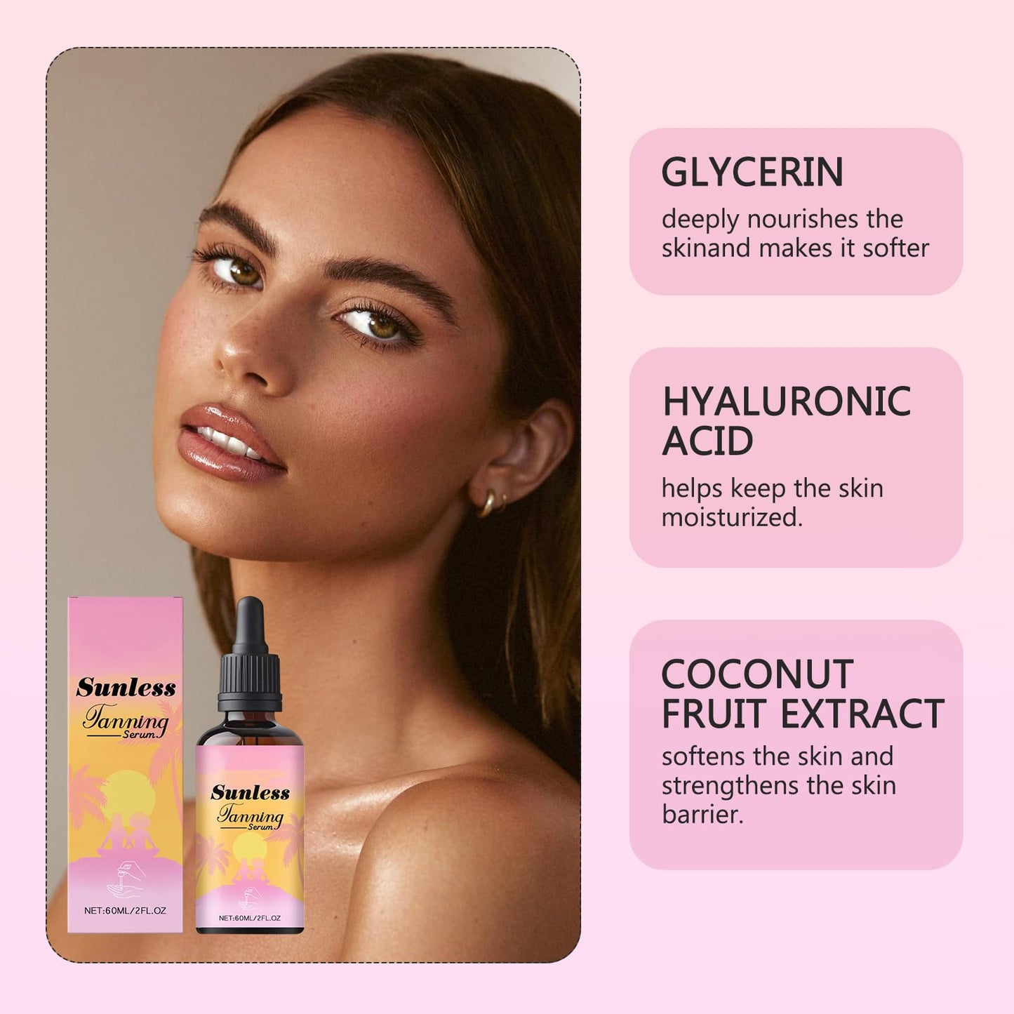 Guegine Tanning Drops,60ml Sunless Tanning Drops,Natural Ingredients,Moisturizing,Can Show Young Bronze Skin Without Sun Exposure,Suitable for Face & Body,for Women & Men