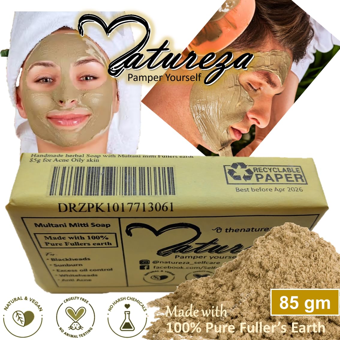 Natureza Organic Bentonite Clay soap Deep Cleansing Mineral Soap Anti bacterial scrub bar 90g