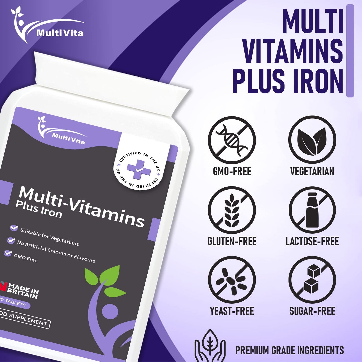 Multivitamins with Iron 180 One A Day Tablets - 13 Essential Vitamins & Minerals for Men and Women - Vitamins A, C, D, E, B1, B2, B3, B5, B6, B9, B12 & More - 6 Months Supply, UK Made to GMP Standards