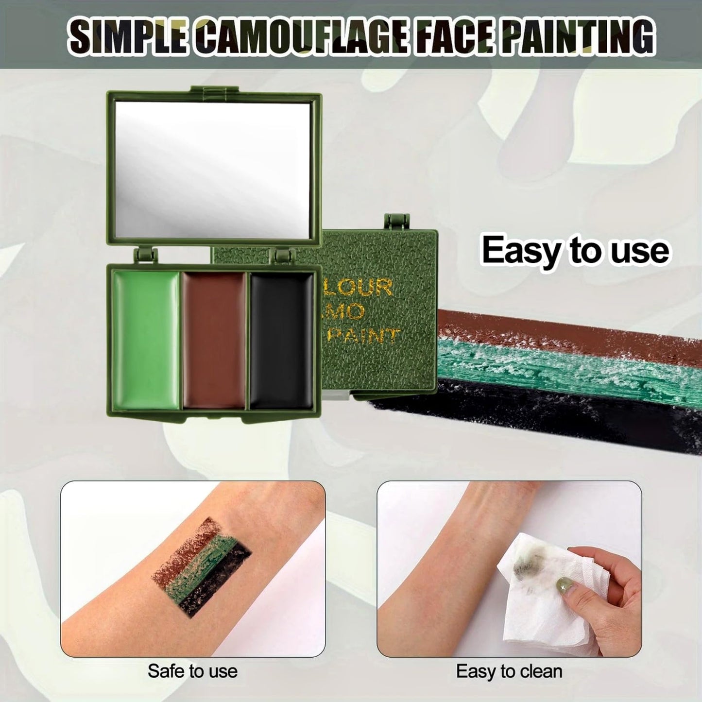 QinZiEn 3 Color Camo Dace Paint,Army Face Paint,Eye Body Face Camo Paint,Waterproof face paint,camouflage makeup,hunting accessories,face paints,body paint,camouflage face paint(Black,Brown,Green)