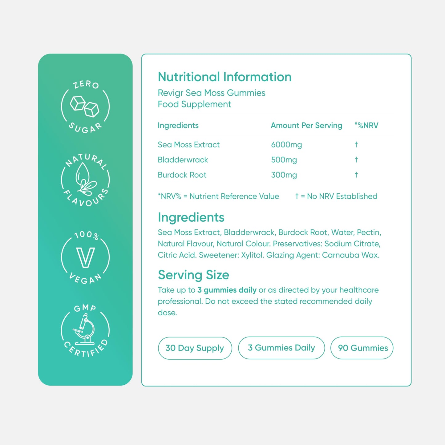 Revigr, Max 6000mg, 90 Sea Moss Gummies, Added 500mg Bladderwrack & 300mg Burdock Root, Immune & Gut Support, Vegan & Sugar-Free, Green Apple Flavour (1 Month Supply)